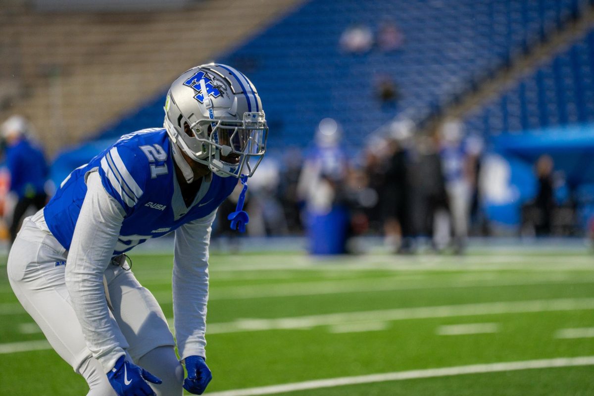 MTSU corner Abdul Muhammad warms up ahead of a game against Jax State at Floyd Stadium on Oct. 29, 2025.