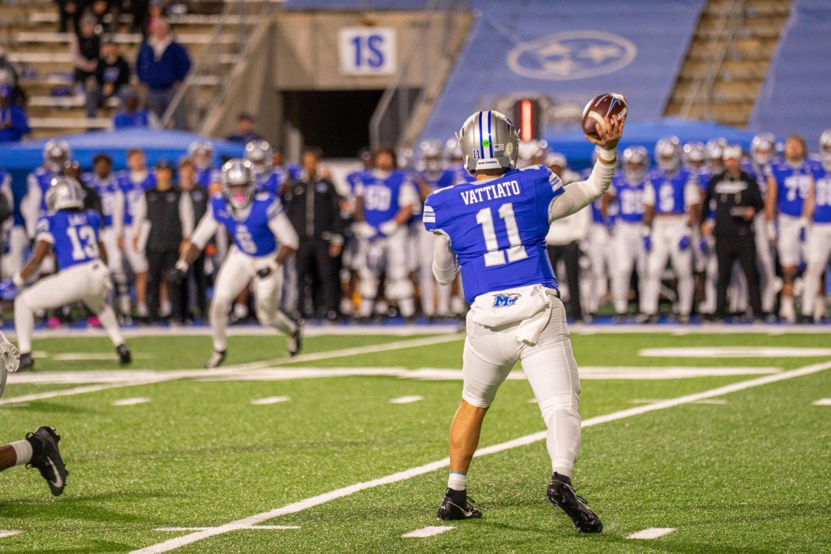 MTSU quarterback Nick Vattiato throws to AJ Jones in a game against Jax State at Floyd Stadium on Oct. 29, 2025.