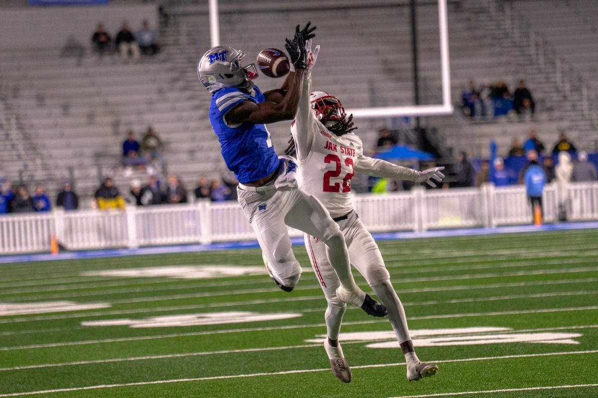 Jax State cornerback Jaheim Jenkins knocks away a Nick Vattiato pass intended for MTSU wide receiver Nahzae Cox in a game at Floyd Stadium on Oct. 29, 2025.