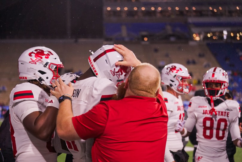 Jax State's sideline celebrates with wide receiver Deondre Johnson following his 30-yard touchdown against MTSU at Floyd Stadium on Oct. 29, 2025.