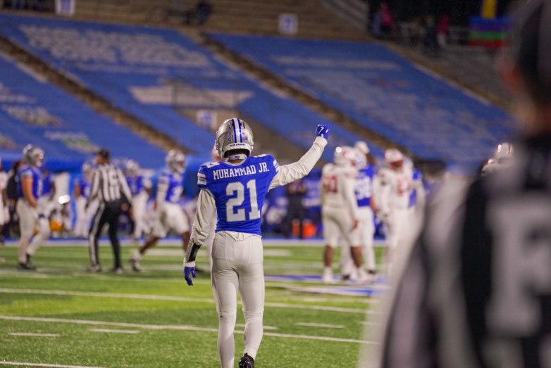 Abdul Muhammad celebrates a third-down stop in a game against Jax State at Floyd Stadium on Oct. 29, 2025.