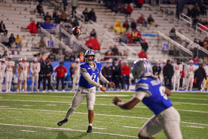 MTSU quarterback Nick Vattiato throws to running back Jekail Middlebrook in a game against Jax State at Floyd Stadium on Oct. 29, 2025.