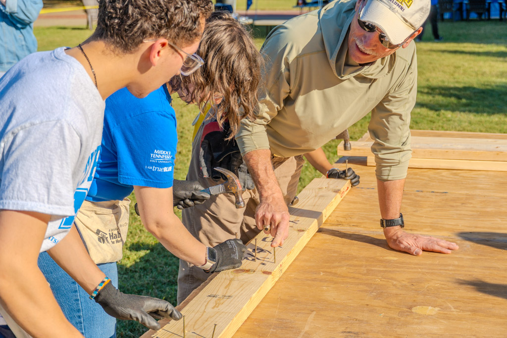 Students assist Habitat for Humanity in building a small home at MTSU in
Murfreesboro, Tennessee on Oct. 2, 2025.