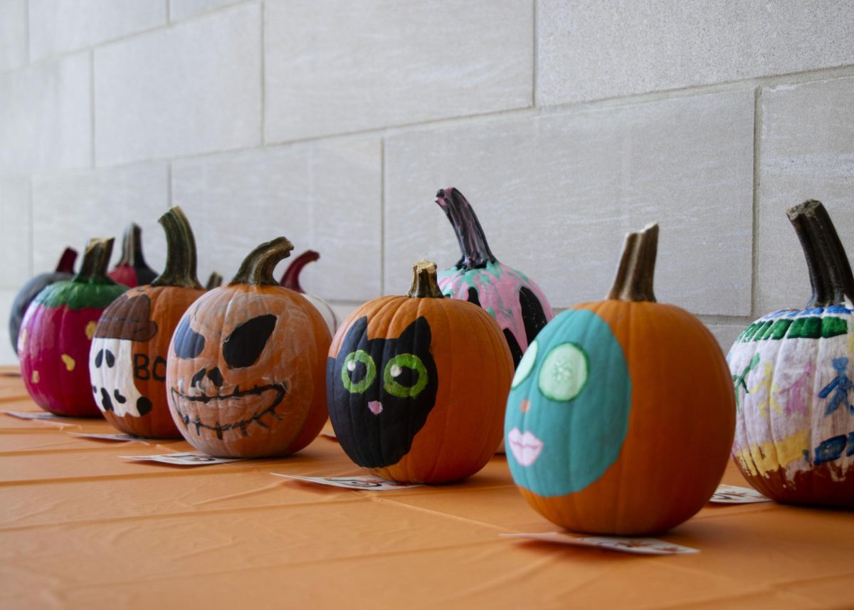 Finished pumpkins sit on a table to dry during the College of Education's pumpkin painting event on Oct. 22, 2025, in the COE foyer. Students could pick up their finished pumpkins later in the day.