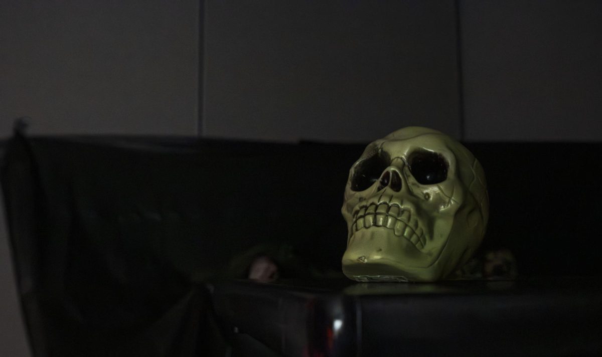 A set with a skull shows all that remains after a nuclear explosion destroys all else during a "Horrors of War" event in the Keathley University Center on Oct. 27, 2025.