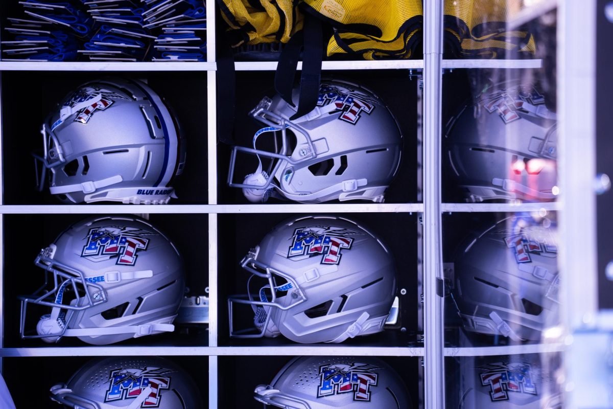 A case full of MTSU helmets resides on the sideline in a game against FIU at Floyd Stadium on Nov. 8, 2025.
