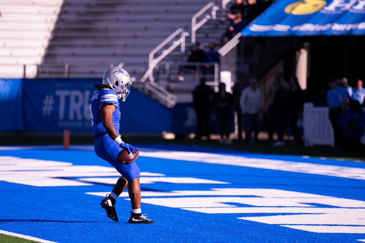 MTSU running back Jekail Middlebrook stands alone in the endzone following a receiving touchdown in a game against FIU at Floyd Stadium on Nov. 8, 2025.