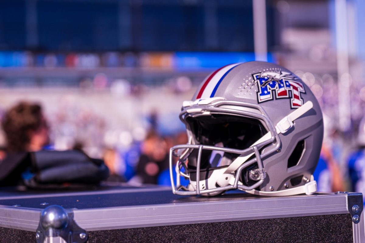A patriotic MTSU helmet rest on the sideline in a game against FIU at Floyd Stadium on Nov. 8, 2025.
