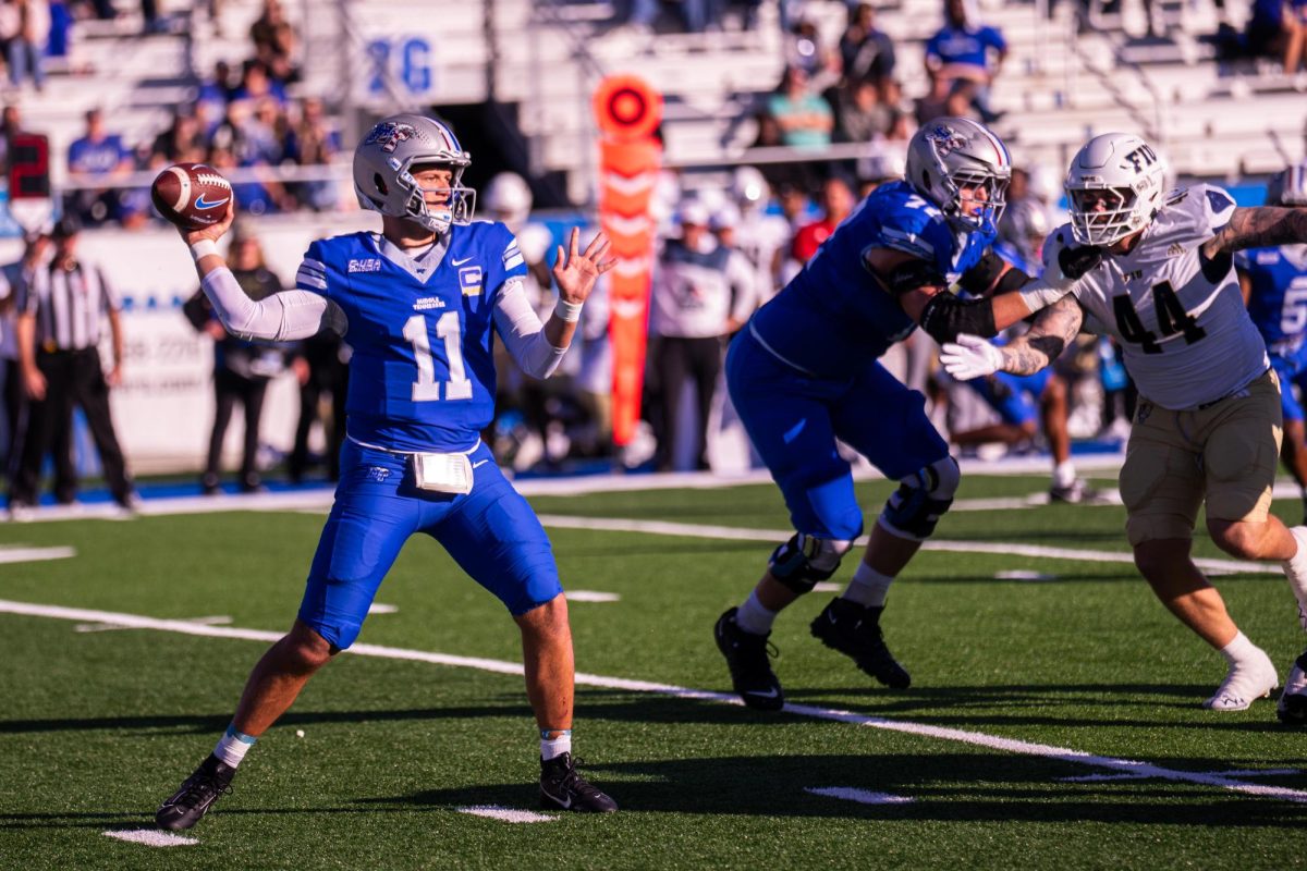 MTSU quarterback Nick Vattiato makes a throw in a game against FIU at Floyd Stadium on Nov. 8, 2025.
