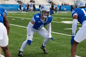 MTSU linebacker Parker Hughes prepares to collide with a teammate during warmups, prior to a game against Sam Houston in Floyd Stadium on Nov. 22, 2025.