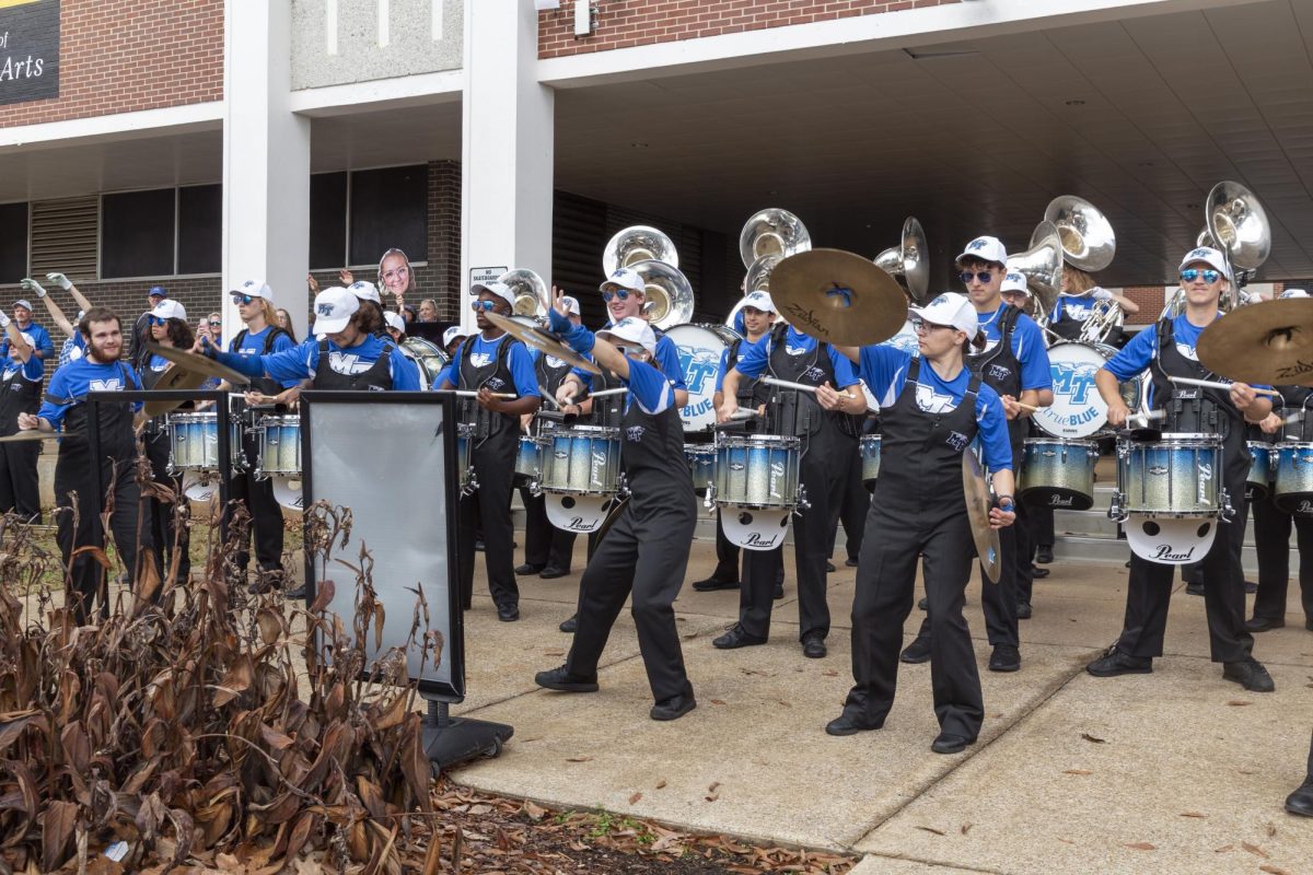 MTSU's Band of Blue playing at Raider Walk in front of Peck Hall, on Nov. 22, 2025.