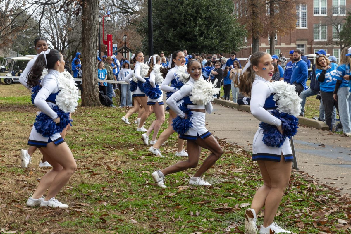 MTSU cheerleaders at the final Raider Walk of the 2025 season in front of Peck Hall on Nov. 22, 2025.