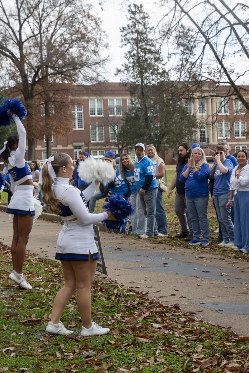 MTSU cheerleaders at Raider Walk in front of Peck Hall on Nov. 22, 2025.