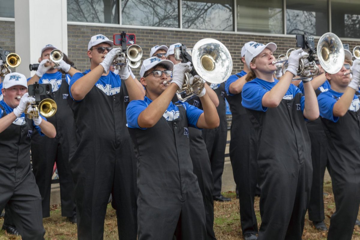 MTSU's Band of Blue playing at the final Raider Walk of the 2025 season in front of Peck Hall on Nov. 22, 2025.