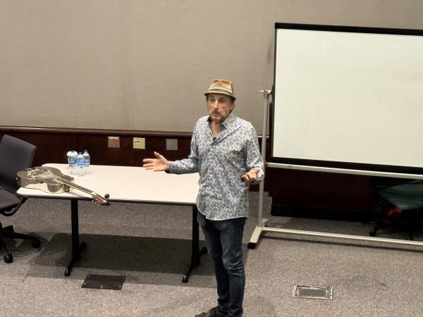 Ted Drozowski answers audience questions after the showing of "The River:  A Songwriters Stories of the South" on Nov. 5, 2025 in the Business and Aerospace Building at MTSU 