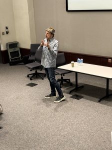 Ted Drozowski answers audience questions after the showing of "The River:  A Songwriters Stories of the South" on Nov. 5, 2025 in the Business and Aerospace Building at MTSU 