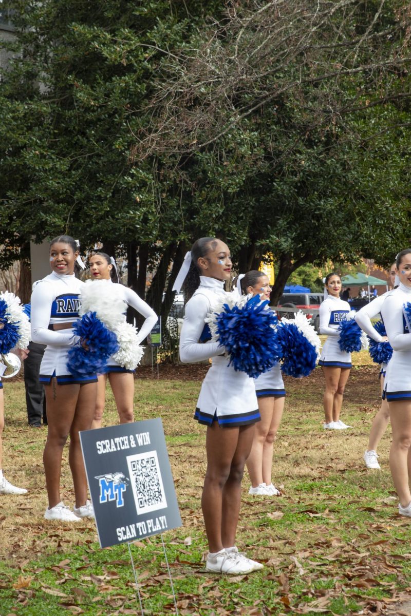 MTSU cheerleaders at the final Raider Walk of the 2025 season in front of Peck Hall on Nov. 22, 2025.