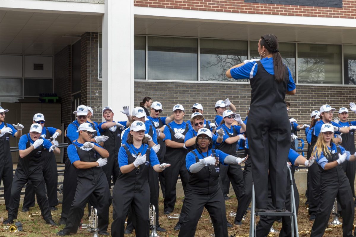 MTSU Band of Blue playing at the final Raider Walk of the 2025 season in front of Peck Hall on Nov. 22, 2025.