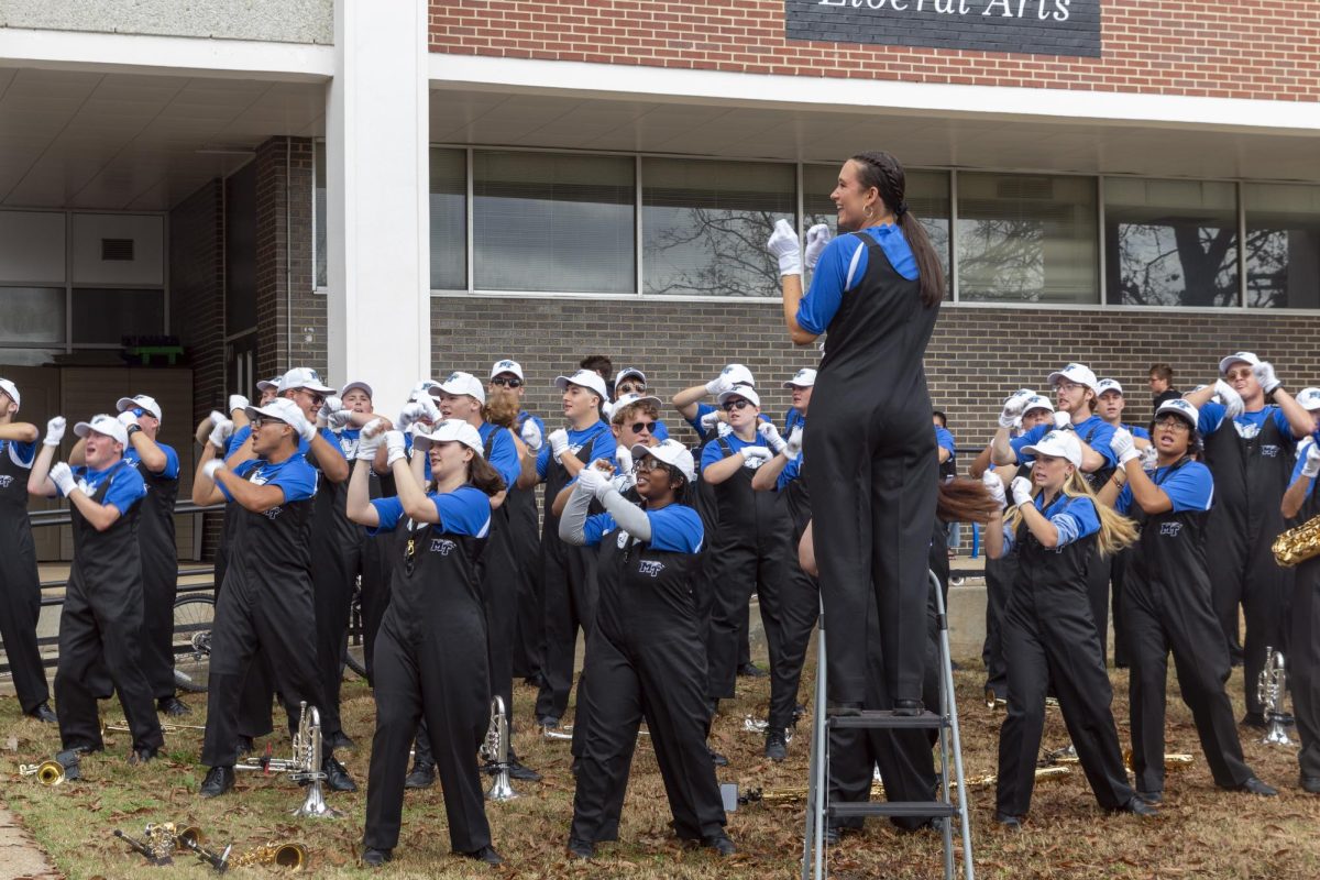 MTSU Band of Blue playing at the final Raider Walk of the 2025 season in front of Peck Hall on Nov. 22, 2025.