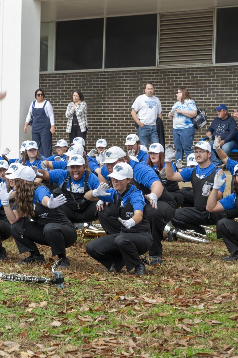 MTSU Band of Blue playing at the final Raider Walk of the 2025 season in front of Peck Hall on Nov. 22, 2025.