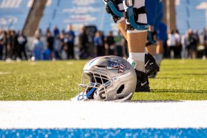 A MTSU helmet with Salute to Service decals rests on the ground before a matchup with Florida International, at Floyd Stadium on Nov. 8, 2025.
