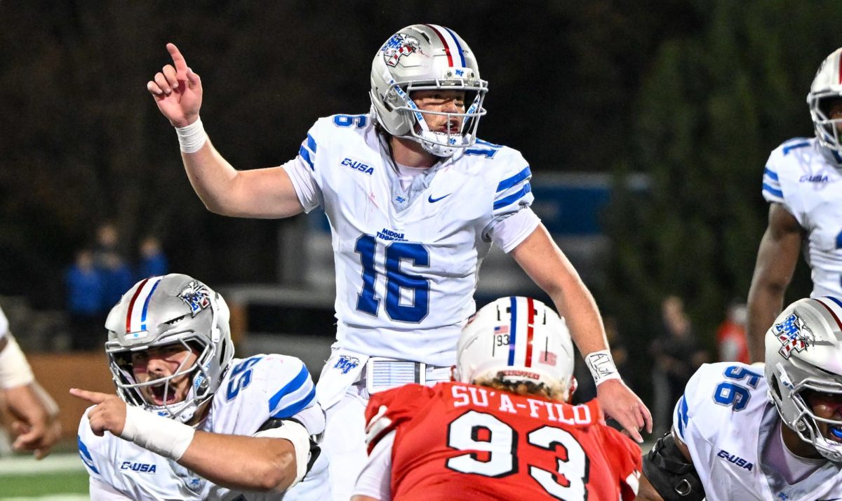 MTSU quarterback Roman Gagliano calls out an audible pre-snap during a game against Western Kentucky at Houchens-Smith Stadium on Nov. 15, 2025.