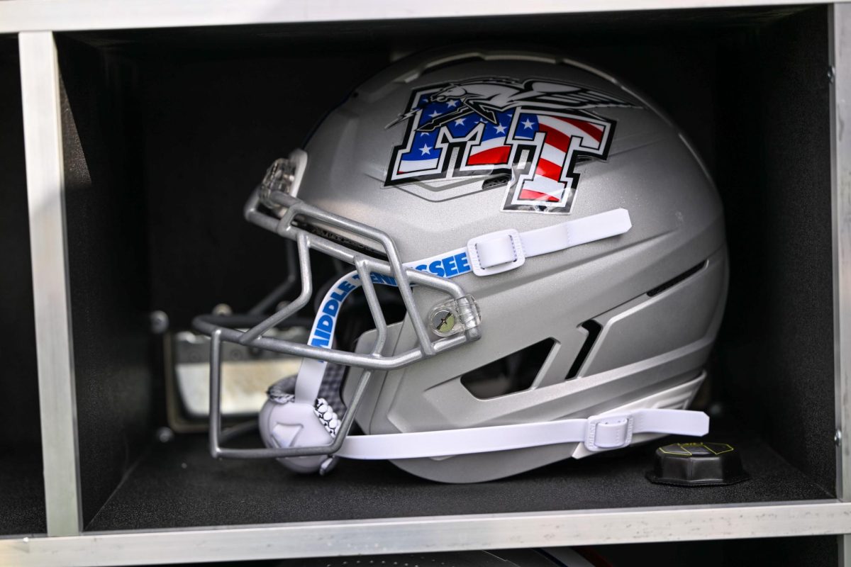A MTSU salute to service helmet rests in an equipment box before a game against Western Kentucky at Houchens-Smith Stadium on Nov. 15, 2025.