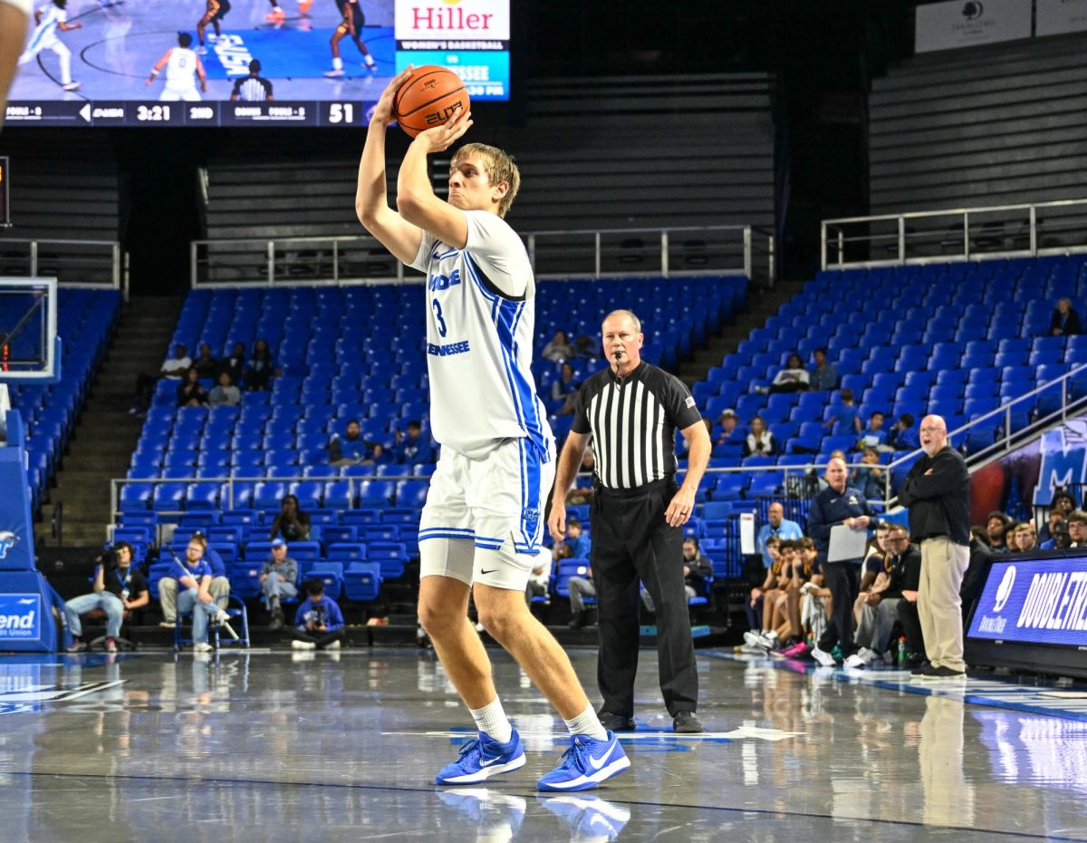 Luka Jovanovic shoots a three against Webster University, in the Murphy Center on Nov. 8, 2025.