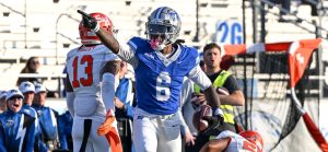 MTSU wide receiver AJ Jones celebrates a first down against Sam Houston, at Floyd Stadium on Nov. 22, 2025 