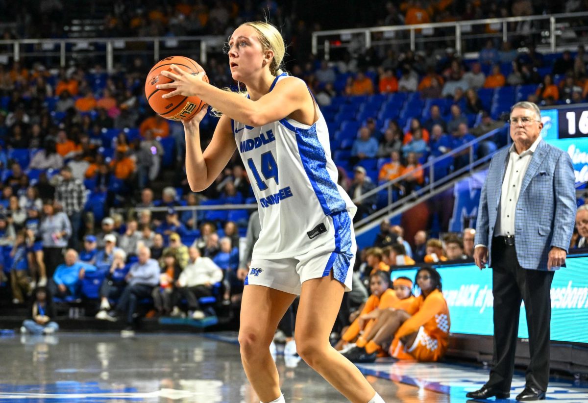 MTSU guard Savannah Davis shoots a three during a game against No. 15 Tennessee, at the Murphy Center on Nov. 20, 2025.