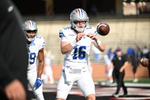 MTSU quarterback Roman Gagliano takes a snap in warmups before a game against Western Kentucky at Houchens-Smith Stadium on Nov. 15, 2025. 