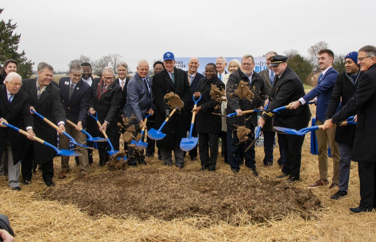 MTSU community members "breaking ground" at the Shelbyville Municipal Airport on Dec. 2, 2025.