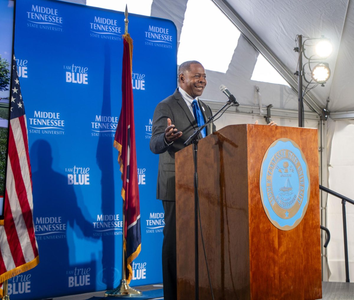 MTSU President Sidney A. McPhee gives opening remarks at the groundbreaking ceremony at Shelbyville Municipal Airport on Dec. 2, 2025.