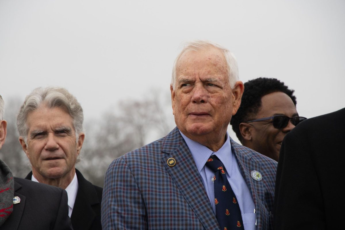 Deputy Speaker of the House Pat Marsh look at the runway during MTSU's groundbreaking event at the Shelbyville Municipal Airport on Dec. 2, 2025.