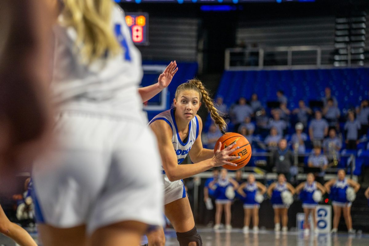 MTSU's Blair Baugus looks for a teammate during a game against Belmont, at the Murphy Center on Dec. 3, 2025.