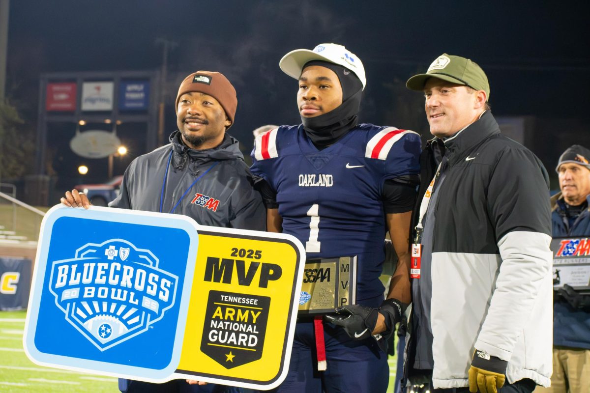 Oakland's Craig Tutt poses for a picture after being named BlueCross Bowl MVP at Finley Stadium in Chattanooga, Tennessee, on Dec. 6, 2025.