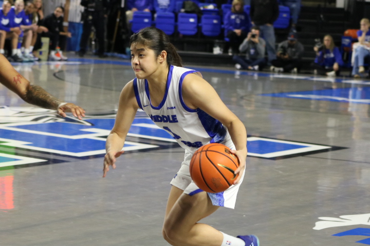 MTSU guard Yu Han Lin prepares to drive to her left during a game against Auburn inside the Murphy Center, on Dec. 16, 2025.