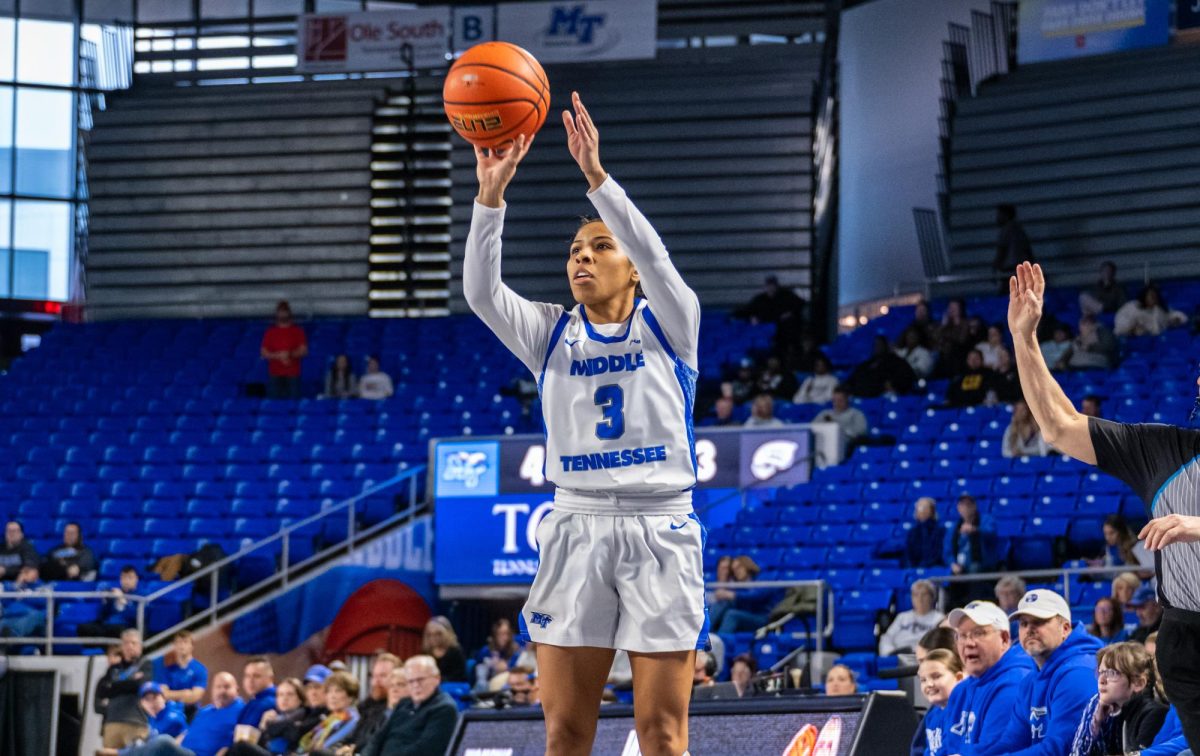 Senior MTSU guard Alayna Contreras shoots a three-pointer during a game against Western Kentucky at Murphy Center on Jan. 31, 2026.