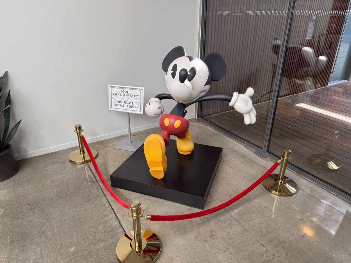 A Mickey Mouse statue is displayed inside the Disney Television Animation building lobby in Glendale, California, on Jan. 28, 2026.