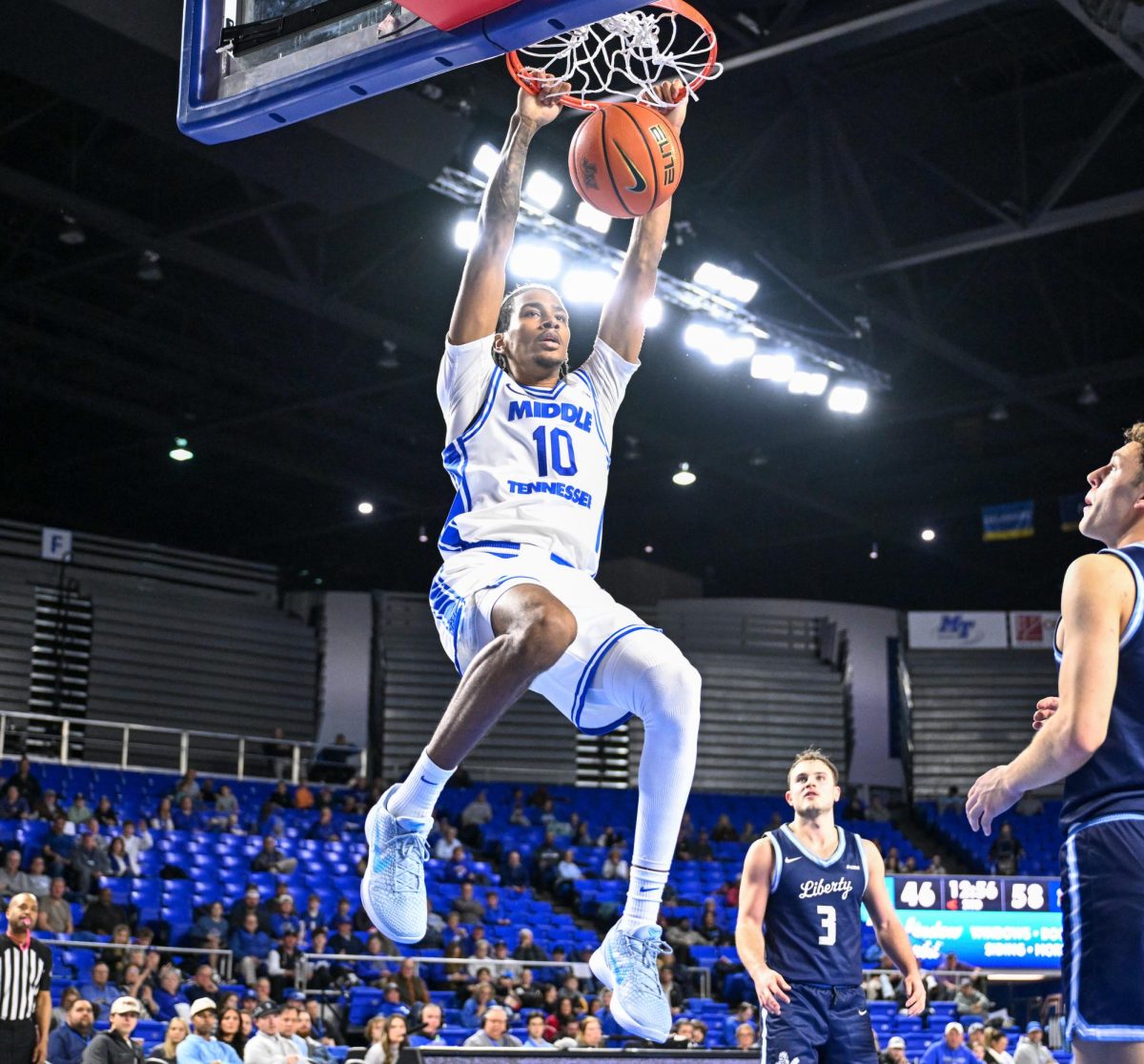 MTSU forward Torey Alston throws down a dunk during a game against Liberty, inside the Murphy Center on Jan. 29, 2026.