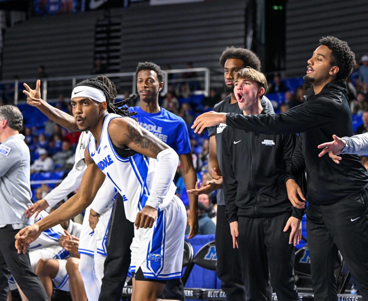 MTSU guard Marcus Whitlock Jr. celebrates after a made three pointer during a game against Liberty, inside the Murphy Center on Jan. 29, 2026.