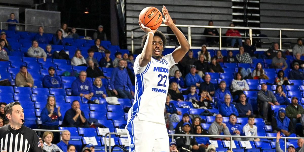 MTSU guard Kamari Lands shoots a three pointer during a game against Missouri State, inside the Murphy Center on Jan. 17, 2026. 