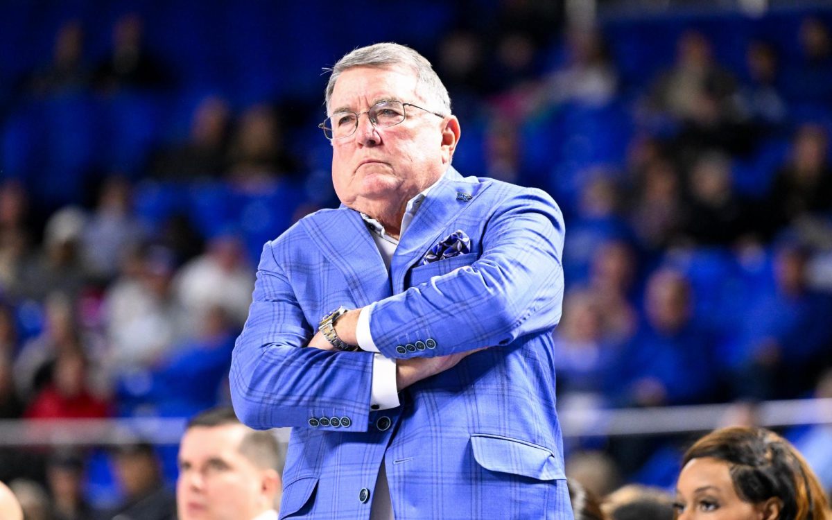 MTSU head coach Rick Insell crosses his arms during a scoreless run during a game against Delaware, inside the Murphy Center on Jan. 22, 2026.