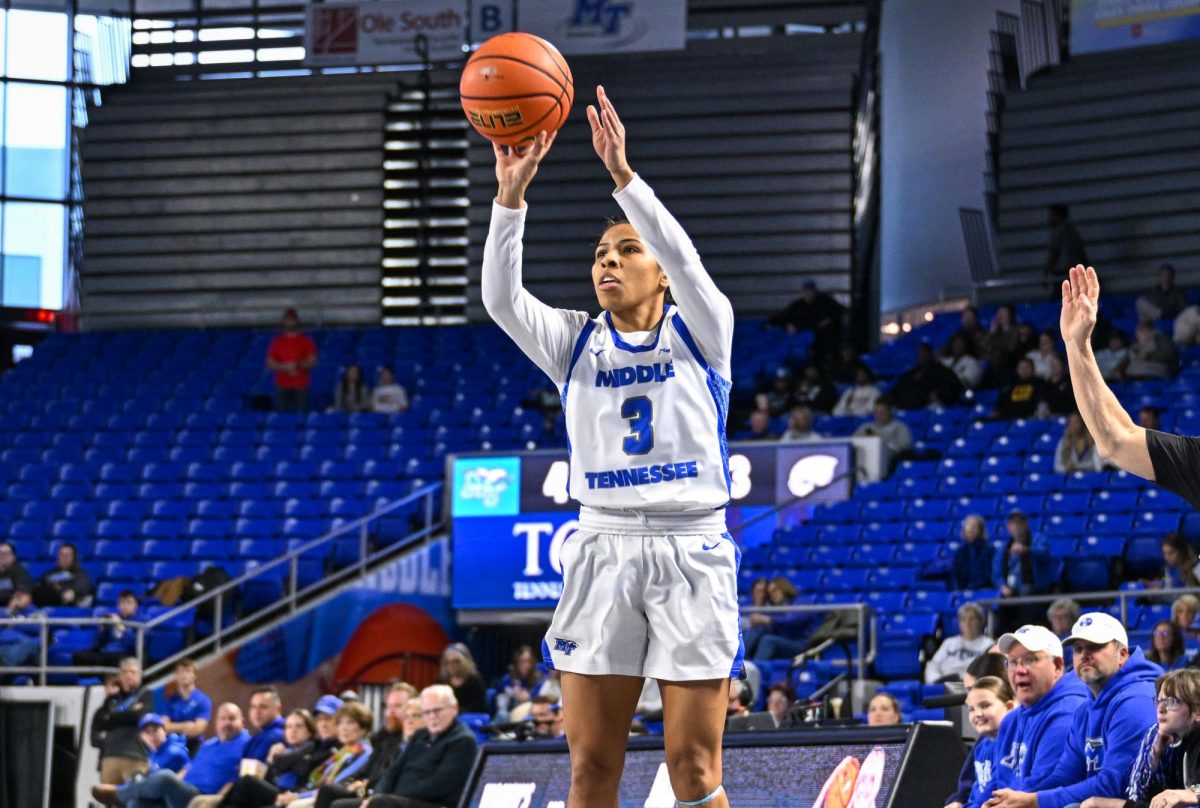 MTSU guard Alayna Contreras fires a three pointer from the wing during a game against Western Kentucky, inside the Murphy Center on Jan. 31, 2026.