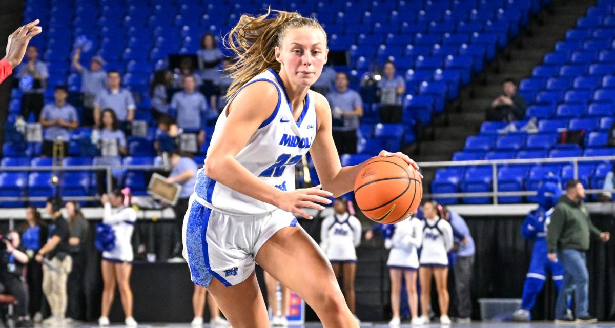 MTSU guard Macie Phifer drives past the three point line during a game against Liberty, inside the Murphy Center on Jan. 23, 2026.