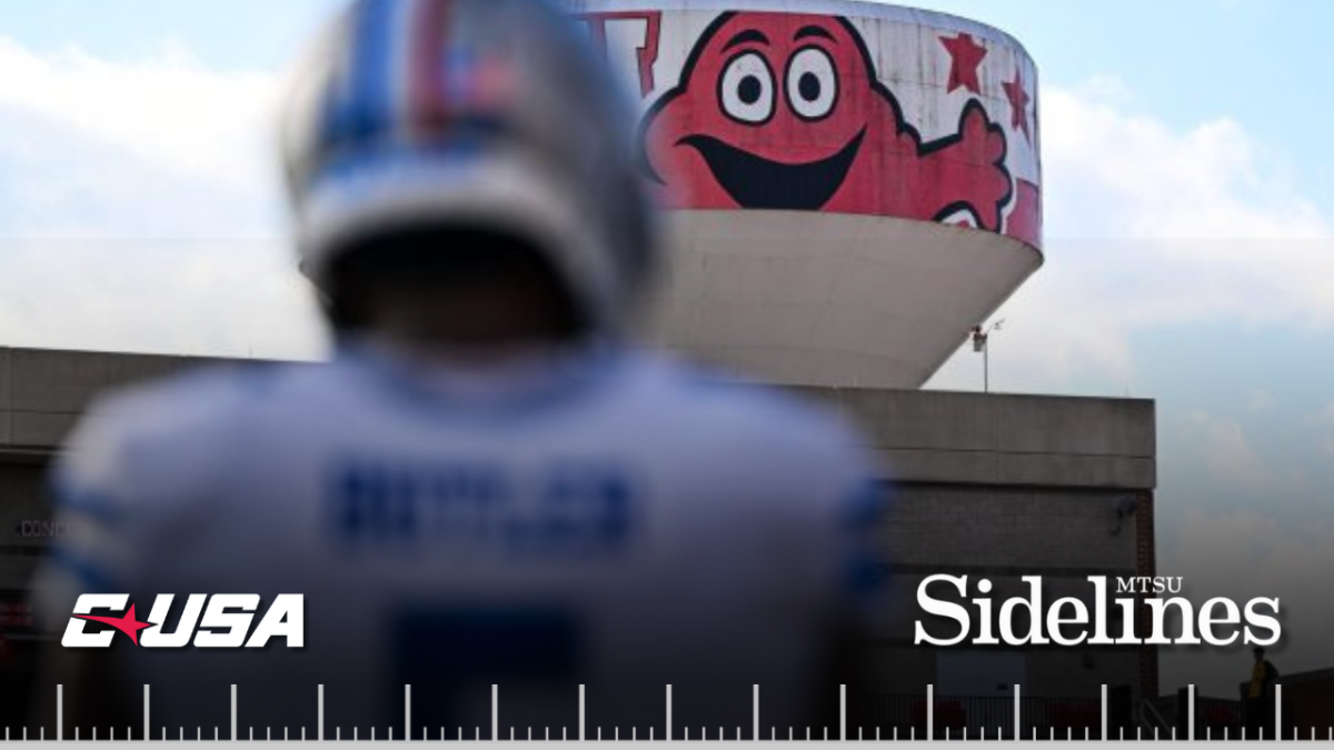 MTSU wide receiver Myles Butler looks at the WKU water tower featuring mascot Big Red before a game against Western Kentucky at Houchens-Smith Stadium on Nov. 15, 2025. 