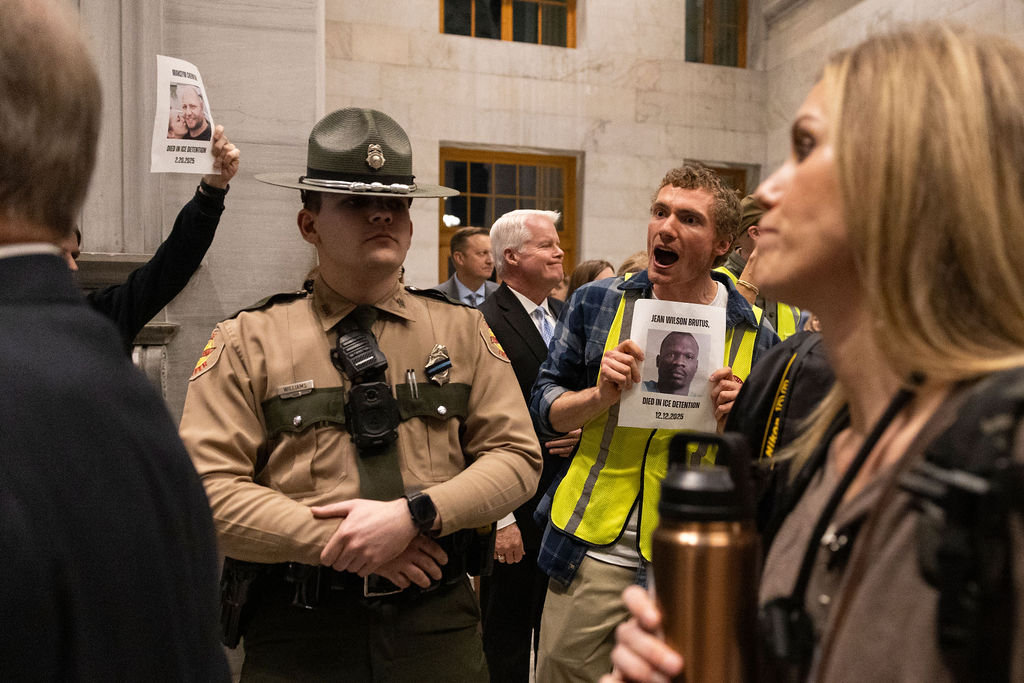 Ethan Thrope yells at state representatives as they leave the House chamber of the Capitol in Nashville Tennessee on Feb. 2, 2026. 