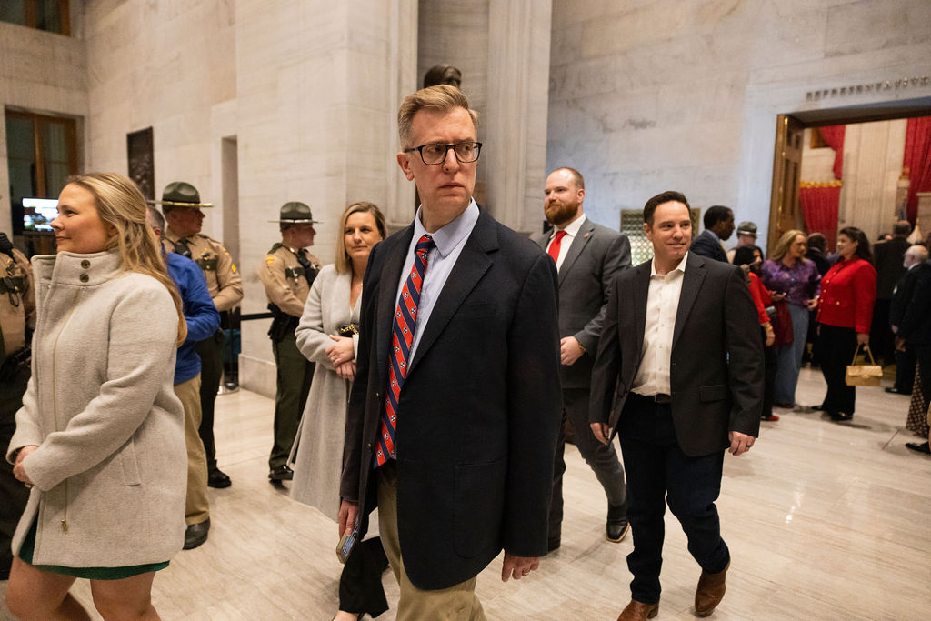 Reactions to protestors as state representatives leave the House chamber of the Capitol in Nashville, Tennessee on Feb. 2, 2026. 