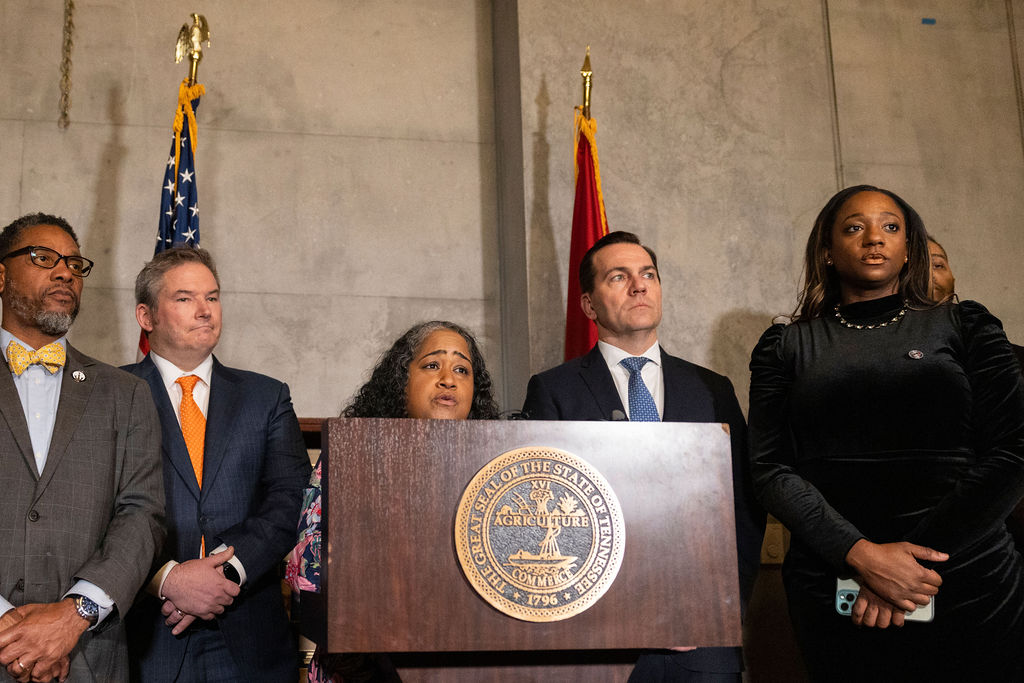 Democrat representatives answer questions in a presser following Gov. Bill Lee's final State of State address in the Capitol in Nashville Tennessee on Feb. 2, 2026. 