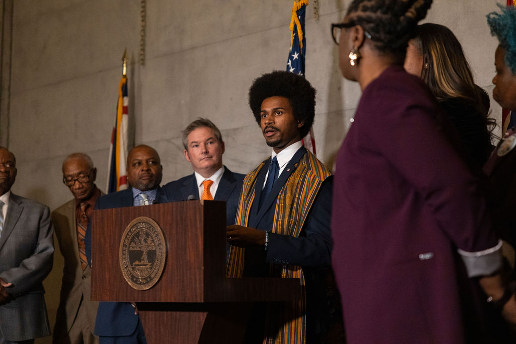 Justin J. Pearson speaks at a Democratic presser after Gov. Bill Lee's final State of State address in Capitol in Nashville Tennessee on Feb. 2, 2026. 